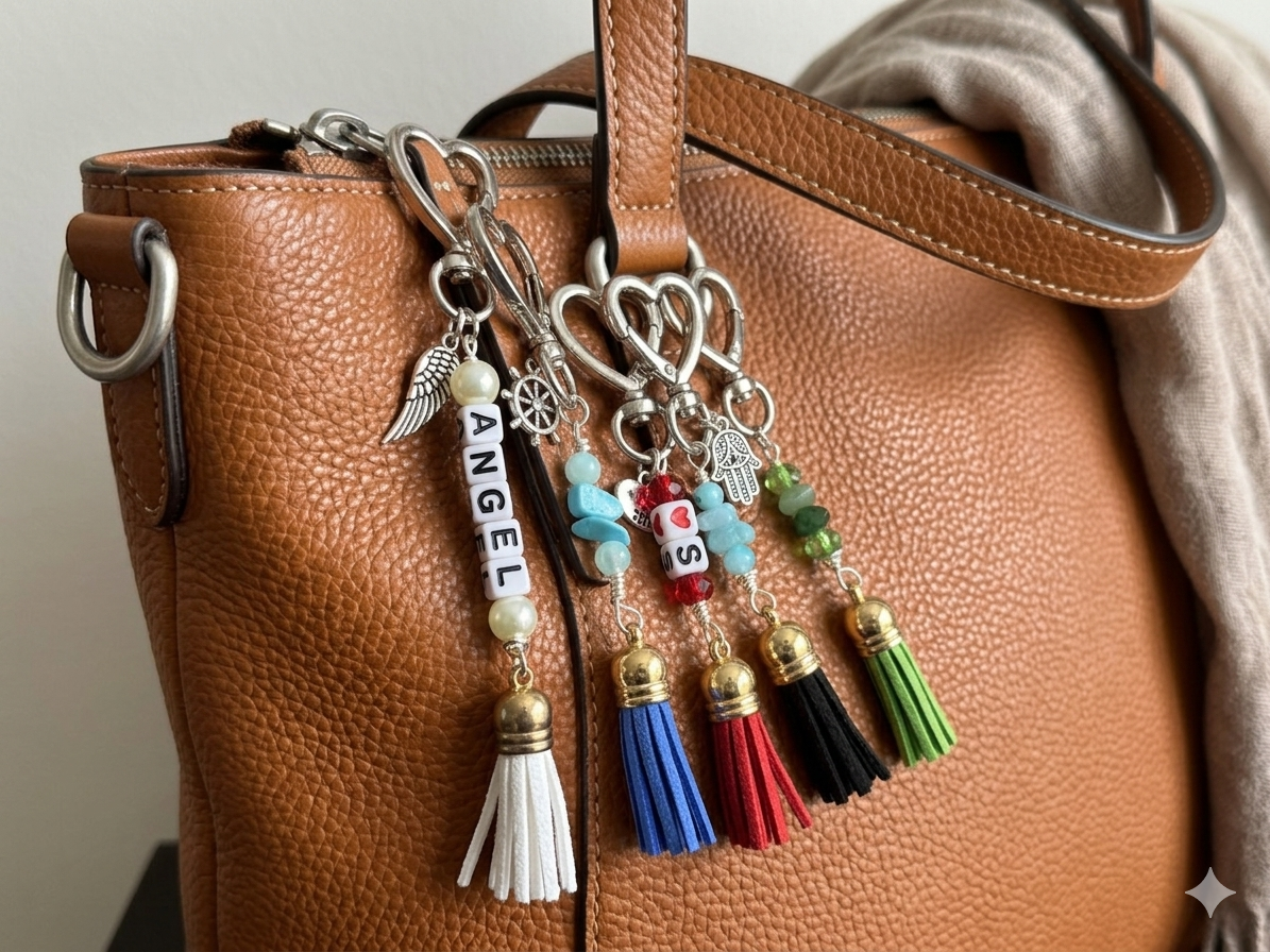 “Handmade Glass Bead & Tassel Bag Charms – Unique Sparkle Accessories”