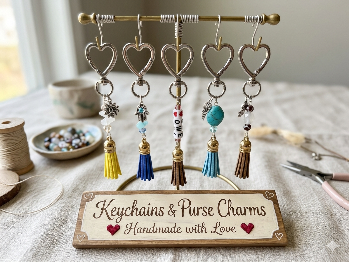 “Handmade Glass Bead & Tassel Bag Charms – Unique Sparkle Accessories”