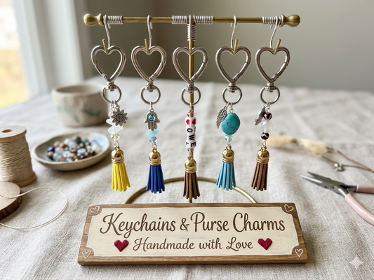 “Handmade Glass Bead & Tassel Bag Charms – Unique Sparkle Accessories”